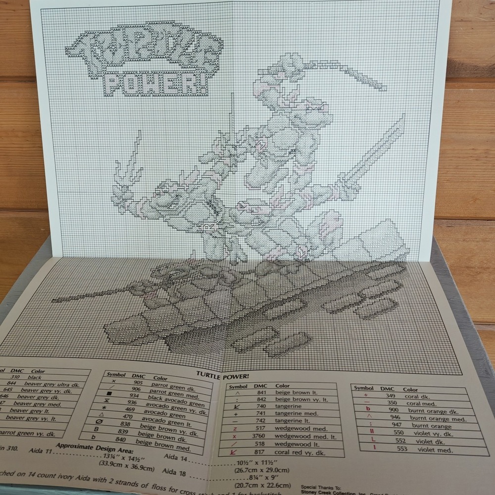 Set of 2 Vintage 1990 TMNT Ninja Turtles Cross-Stitch Turtle Power Cowabunga F3 - Picture 10 of 10